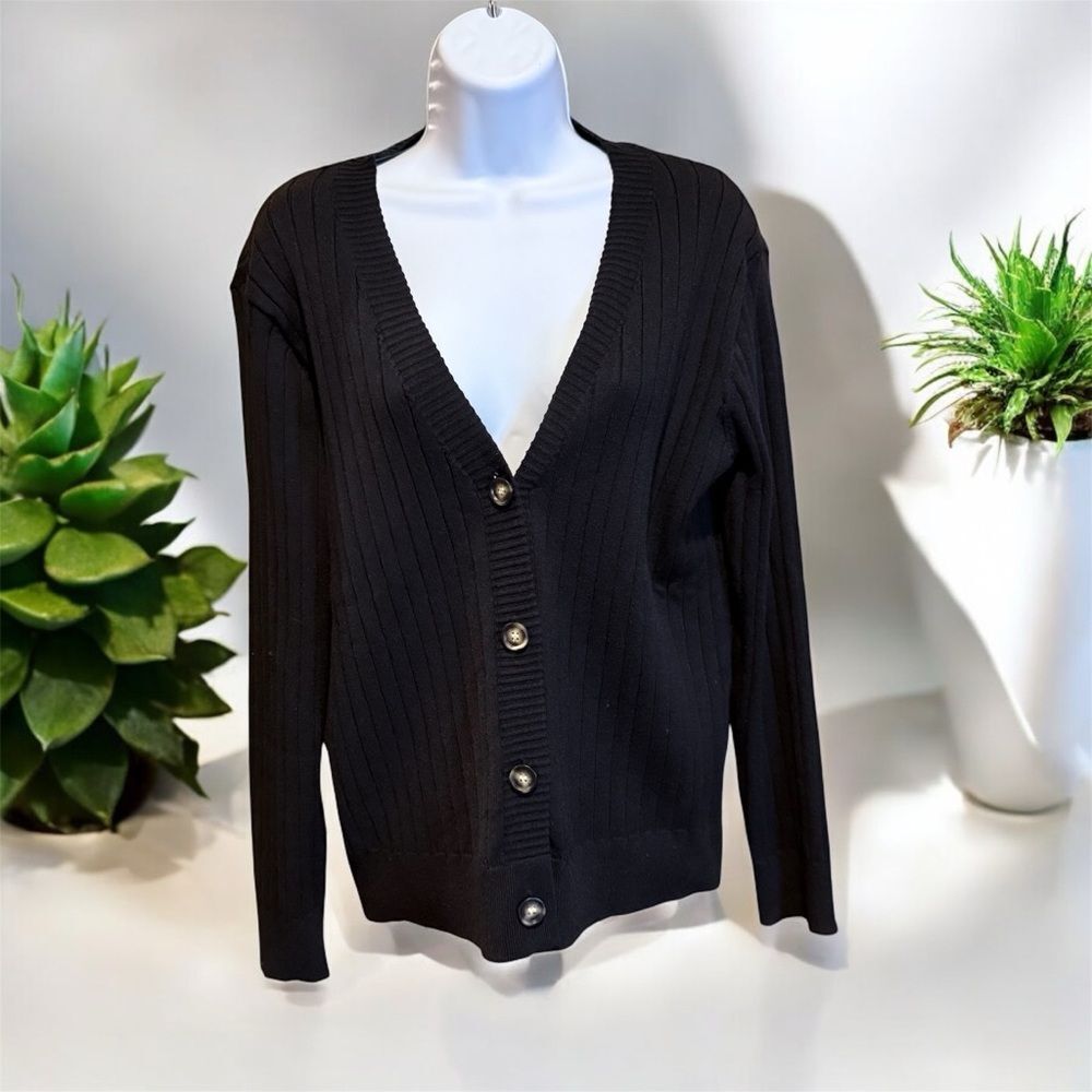 Cardigan Black V-Neck Button-Up Ribbed grandpacore medium